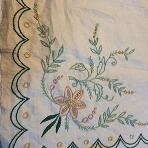 Vintage Unfinished Floral Embroidered Tablecloth